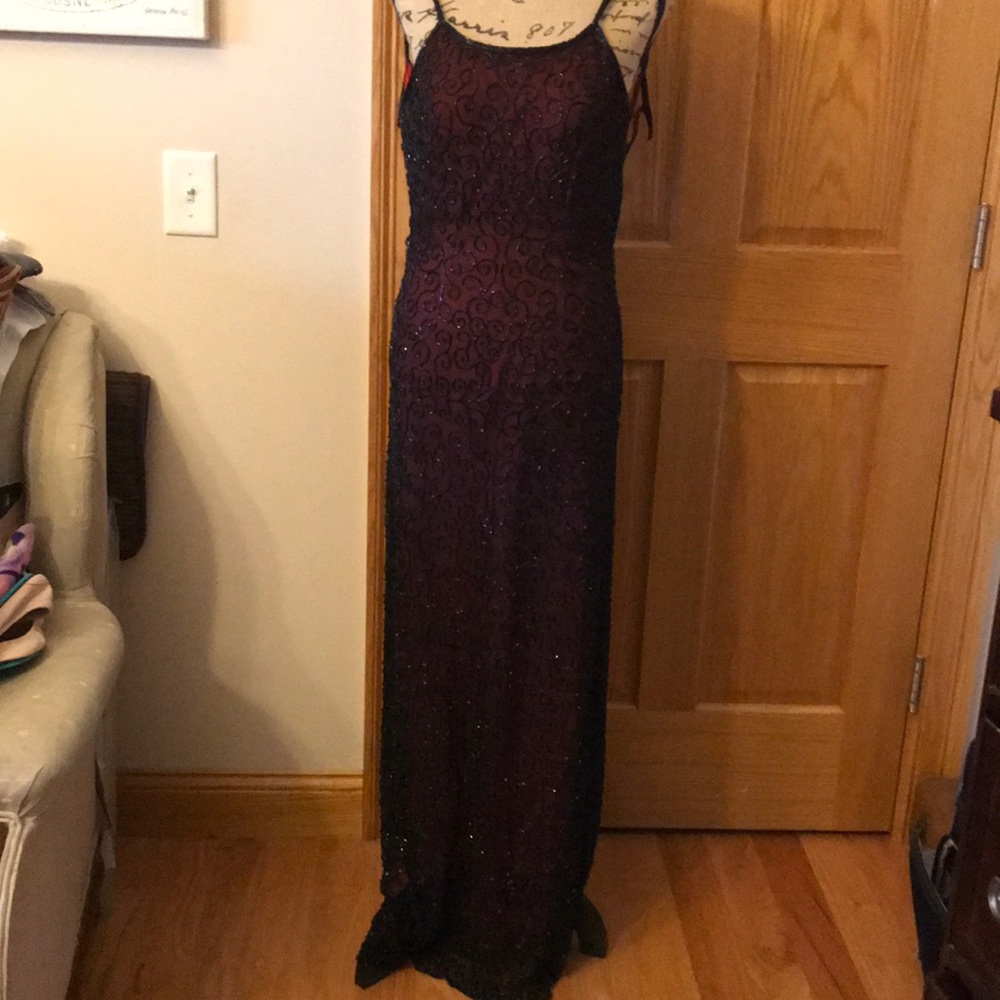 Red silk and Beaded Maxi Evening Gown
